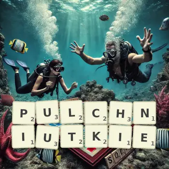 Kreatywna ilustracja do gry w Scrabble ze słowem PULCHNIUTKIE ułożonym z płytek na planszy.