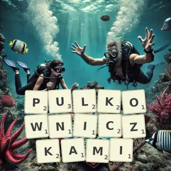 Kreatywna ilustracja do gry w Scrabble ze słowem PULKOWNICZKAMI ułożonym z płytek na planszy.