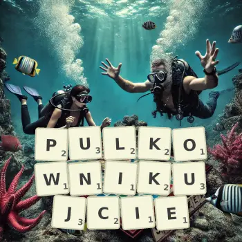 Kreatywna ilustracja do gry w Scrabble ze słowem PULKOWNIKUJCIE ułożonym z płytek na planszy.