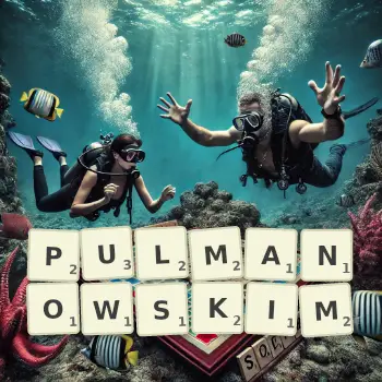 Kreatywna ilustracja do gry w Scrabble ze słowem PULMANOWSKIM ułożonym z płytek na planszy.