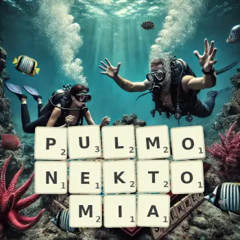 Kreatywna ilustracja do gry w Scrabble ze słowem PULMONEKTOMIA ułożonym z płytek na planszy.