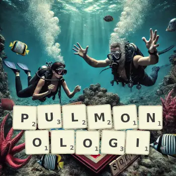 Kreatywna ilustracja do gry w Scrabble ze słowem PULMONOLOGI ułożonym z płytek na planszy.