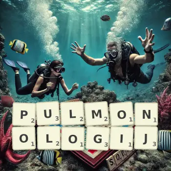 Kreatywna ilustracja do gry w Scrabble ze słowem PULMONOLOGIJ ułożonym z płytek na planszy.