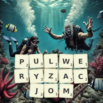 Kreatywna ilustracja do gry w Scrabble ze słowem PULWERYZACJOM ułożonym z płytek na planszy.