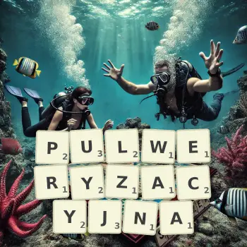 Kreatywna ilustracja do gry w Scrabble ze słowem PULWERYZACYJNA ułożonym z płytek na planszy.