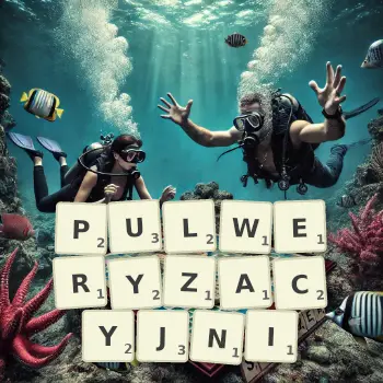 Kreatywna ilustracja do gry w Scrabble ze słowem PULWERYZACYJNI ułożonym z płytek na planszy.