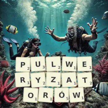 Kreatywna ilustracja do gry w Scrabble ze słowem PULWERYZATORÓW ułożonym z płytek na planszy.