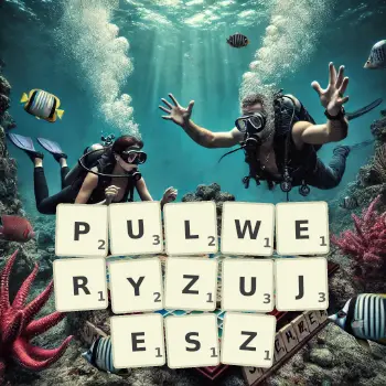 Kreatywna ilustracja do gry w Scrabble ze słowem PULWERYZUJESZ ułożonym z płytek na planszy.