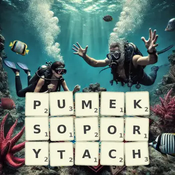 Kreatywna ilustracja do gry w Scrabble ze słowem PUMEKSOPORYTACH ułożonym z płytek na planszy.