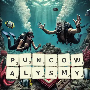 Kreatywna ilustracja do gry w Scrabble ze słowem PUNCOWALYSMY ułożonym z płytek na planszy.