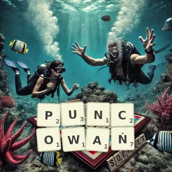 Kreatywna ilustracja do gry w Scrabble ze słowem PUNCOWAŃ ułożonym z płytek na planszy.