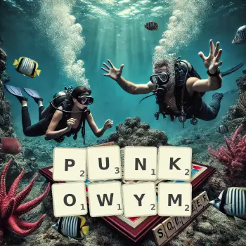 Kreatywna ilustracja do gry w Scrabble ze słowem PUNKOWYM ułożonym z płytek na planszy.