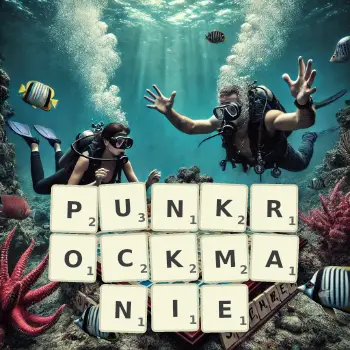 Kreatywna ilustracja do gry w Scrabble ze słowem PUNKROCKMANIE ułożonym z płytek na planszy.