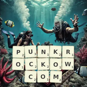Kreatywna ilustracja do gry w Scrabble ze słowem PUNKROCKOWCOM ułożonym z płytek na planszy.