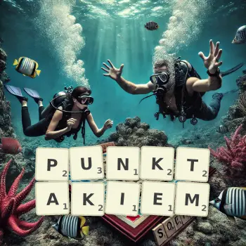 Kreatywna ilustracja do gry w Scrabble ze słowem PUNKTAKIEM ułożonym z płytek na planszy.