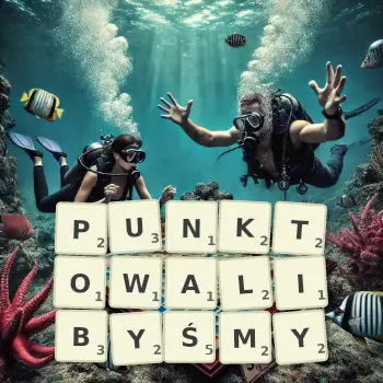 Kreatywna ilustracja do gry w Scrabble ze słowem PUNKTOWALIBYŚMY ułożonym z płytek na planszy.