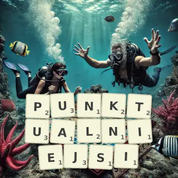 Kreatywna ilustracja do gry w Scrabble ze słowem PUNKTUALNIEJSI ułożonym z płytek na planszy.