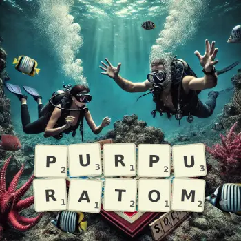 Kreatywna ilustracja do gry w Scrabble ze słowem PURPURATOM ułożonym z płytek na planszy.