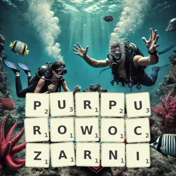 Kreatywna ilustracja do gry w Scrabble ze słowem PURPUROWOCZARNI ułożonym z płytek na planszy.