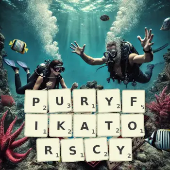 Kreatywna ilustracja do gry w Scrabble ze słowem PURYFIKATORSCY ułożonym z płytek na planszy.