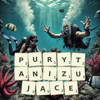 Kreatywna ilustracja do gry w Scrabble ze słowem PURYTANIZUJĄCE ułożonym z płytek na planszy.