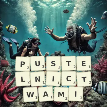 Kreatywna ilustracja do gry w Scrabble ze słowem PUSTELNICTWAMI ułożonym z płytek na planszy.