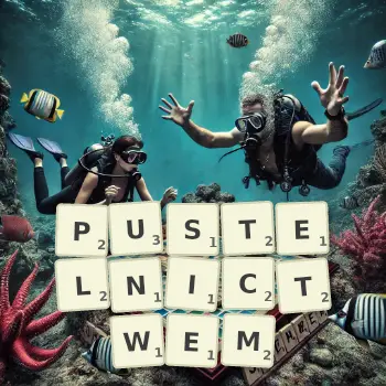 Kreatywna ilustracja do gry w Scrabble ze słowem PUSTELNICTWEM ułożonym z płytek na planszy.