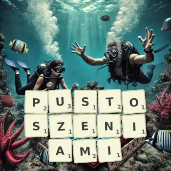 Kreatywna ilustracja do gry w Scrabble ze słowem PUSTOSZENIAMI ułożonym z płytek na planszy.
