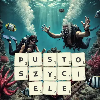 Kreatywna ilustracja do gry w Scrabble ze słowem PUSTOSZYCIELE ułożonym z płytek na planszy.