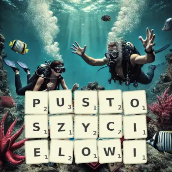 Kreatywna ilustracja do gry w Scrabble ze słowem PUSTOSZYCIELOWI ułożonym z płytek na planszy.
