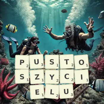 Kreatywna ilustracja do gry w Scrabble ze słowem PUSTOSZYCIELU ułożonym z płytek na planszy.