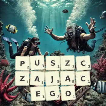 Kreatywna ilustracja do gry w Scrabble ze słowem PUSZCZAJĄCEGO ułożonym z płytek na planszy.
