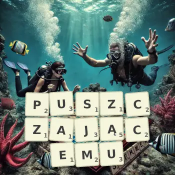 Kreatywna ilustracja do gry w Scrabble ze słowem PUSZCZAJĄCEMU ułożonym z płytek na planszy.