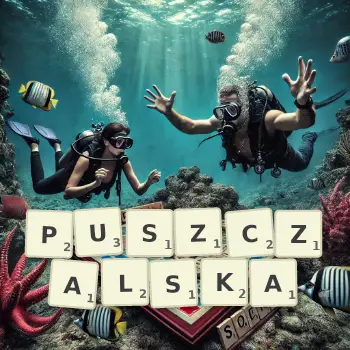 Kreatywna ilustracja do gry w Scrabble ze słowem PUSZCZALSKA ułożonym z płytek na planszy.