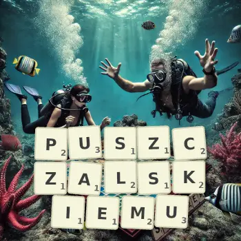 Kreatywna ilustracja do gry w Scrabble ze słowem PUSZCZALSKIEMU ułożonym z płytek na planszy.