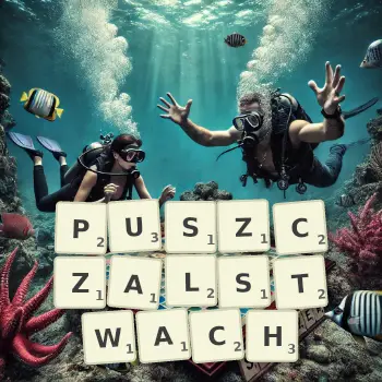 Kreatywna ilustracja do gry w Scrabble ze słowem PUSZCZALSTWACH ułożonym z płytek na planszy.