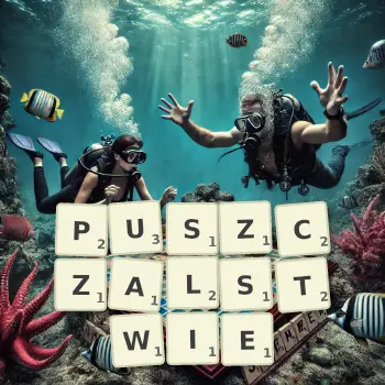 Kreatywna ilustracja do gry w Scrabble ze słowem PUSZCZALSTWIE ułożonym z płytek na planszy.