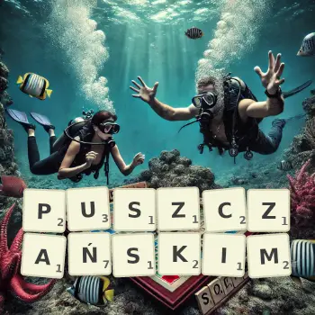 Kreatywna ilustracja do gry w Scrabble ze słowem PUSZCZAŃSKIM ułożonym z płytek na planszy.