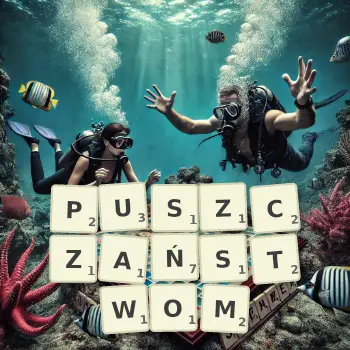 Kreatywna ilustracja do gry w Scrabble ze słowem PUSZCZAŃSTWOM ułożonym z płytek na planszy.