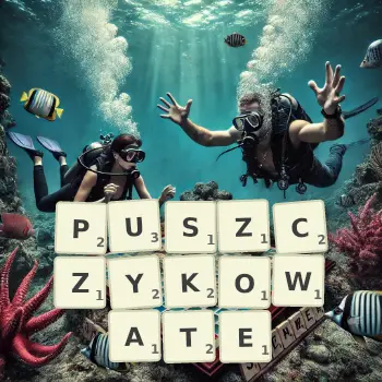 Kreatywna ilustracja do gry w Scrabble ze słowem PUSZCZYKOWATE ułożonym z płytek na planszy.
