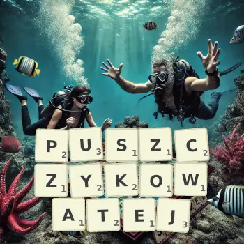 Kreatywna ilustracja do gry w Scrabble ze słowem PUSZCZYKOWATEJ ułożonym z płytek na planszy.