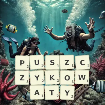 Kreatywna ilustracja do gry w Scrabble ze słowem PUSZCZYKOWATY ułożonym z płytek na planszy.