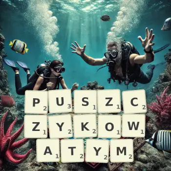 Kreatywna ilustracja do gry w Scrabble ze słowem PUSZCZYKOWATYM ułożonym z płytek na planszy.
