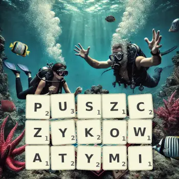 Kreatywna ilustracja do gry w Scrabble ze słowem PUSZCZYKOWATYMI ułożonym z płytek na planszy.