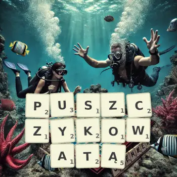 Kreatywna ilustracja do gry w Scrabble ze słowem PUSZCZYKOWATĄ ułożonym z płytek na planszy.