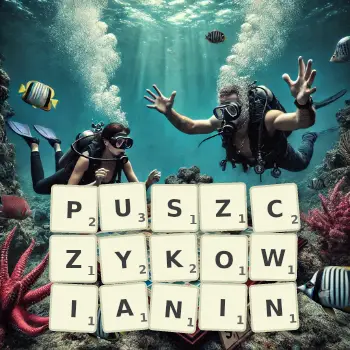 Kreatywna ilustracja do gry w Scrabble ze słowem PUSZCZYKOWIANIN ułożonym z płytek na planszy.