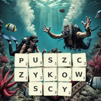 Kreatywna ilustracja do gry w Scrabble ze słowem PUSZCZYKOWSCY ułożonym z płytek na planszy.