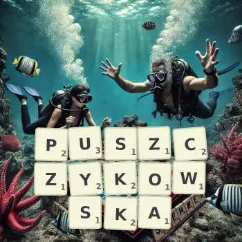 Kreatywna ilustracja do gry w Scrabble ze słowem PUSZCZYKOWSKA ułożonym z płytek na planszy.