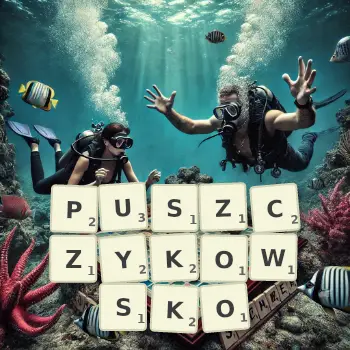 Kreatywna ilustracja do gry w Scrabble ze słowem PUSZCZYKOWSKO ułożonym z płytek na planszy.