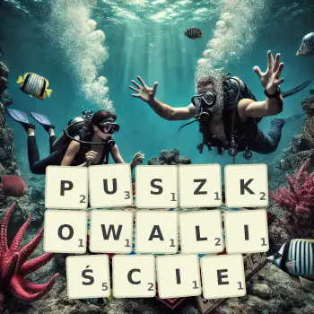 Kreatywna ilustracja do gry w Scrabble ze słowem PUSZKOWALIŚCIE ułożonym z płytek na planszy.